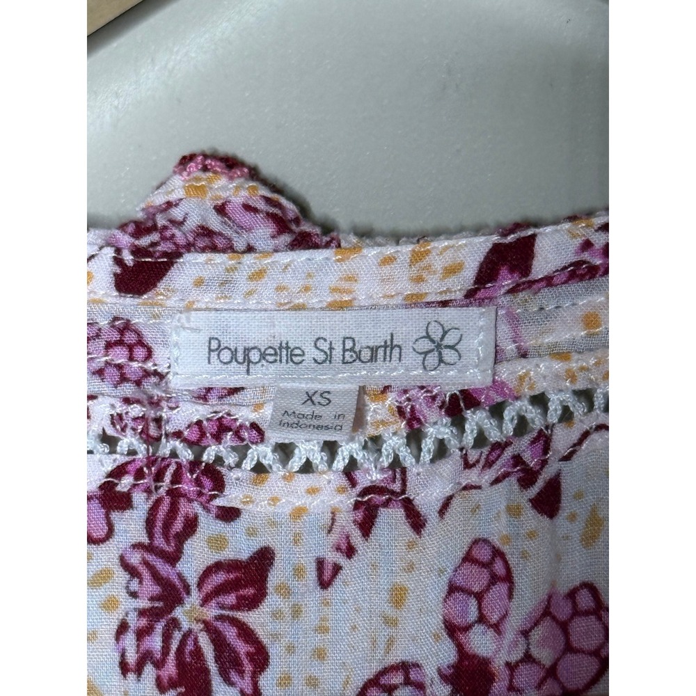 Poupette St Barth Pink Floral Smocked Mini Dress XS Lace Trim Faux Wrap - Picture 4 of 7